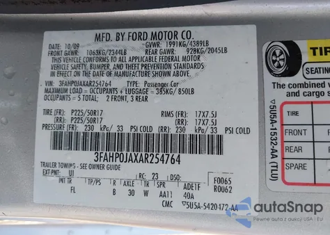 2010 Ford Fusion Sel from USA, damaged, VIN 3FAHP0JAXAR254764